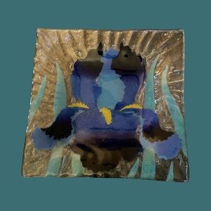 Wm McGrath Blue Iris Fused Art Glass Signed - 7” Square Serving Plate